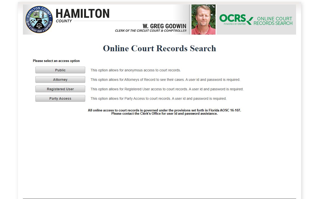 Civitek OCRS access screen for Hamilton County court records after an arrest