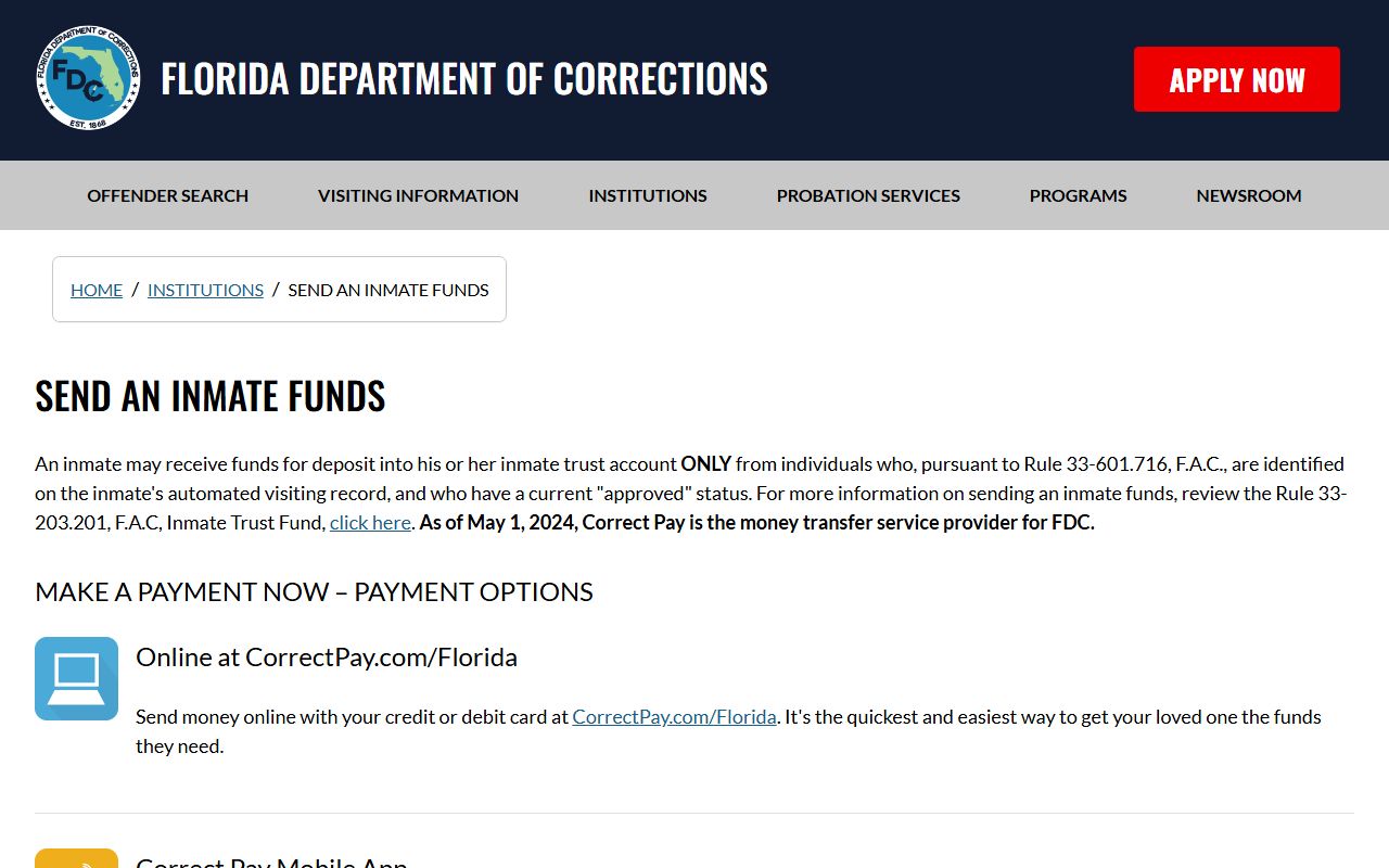 Florida DOC inmate funds page for Hamilton Correctional Institution Annex