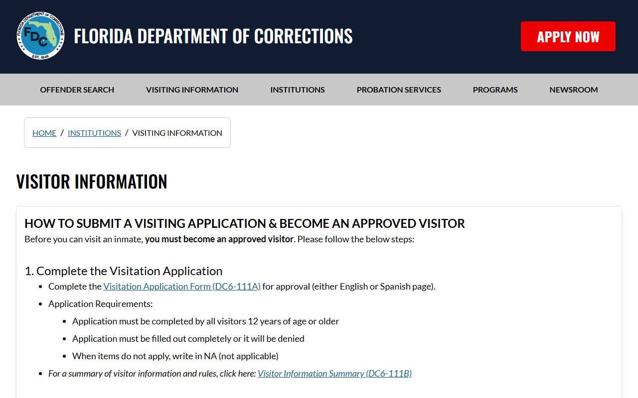 Florida DOC visiting information for Hamilton Correctional Institution