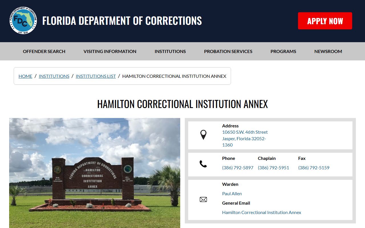 Hamilton Correctional Institution Annex official facility page