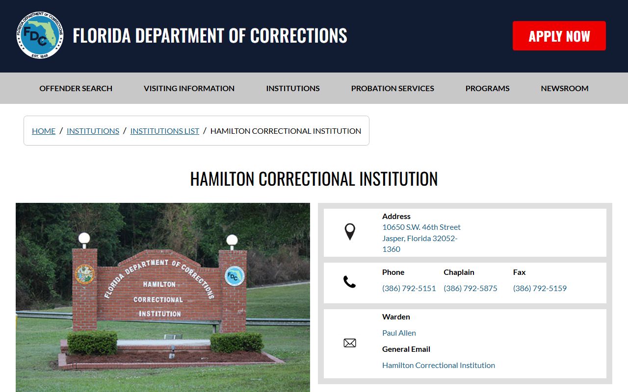 Hamilton Correctional Institution official facility page